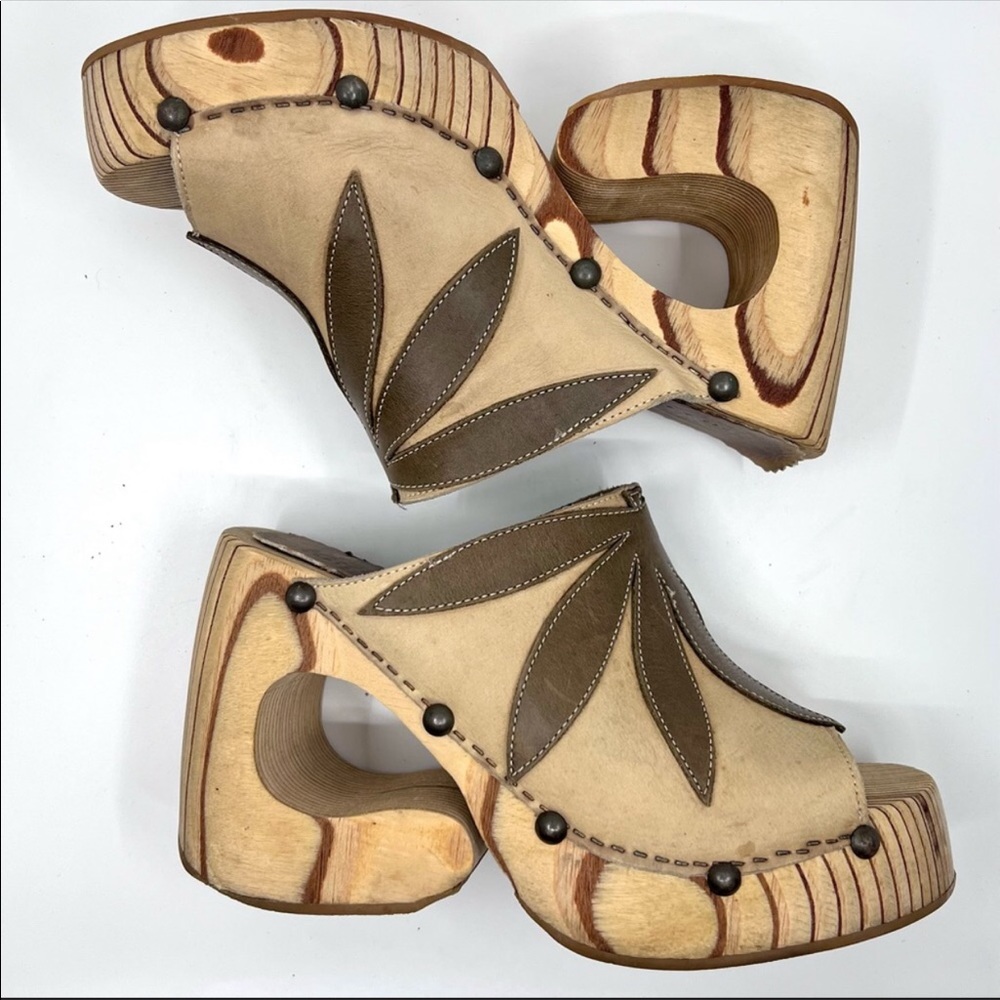 OAK DESTROY Vintage Y2K Platform Chunky Wooden Wedge Leather Sandal Women 8 8.5 - Picture 3 of 13